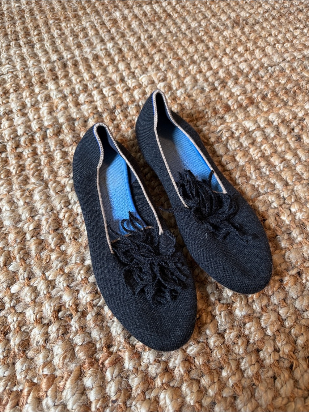 Rothy's Black Knit Slip-On Flats with Fringe Applique